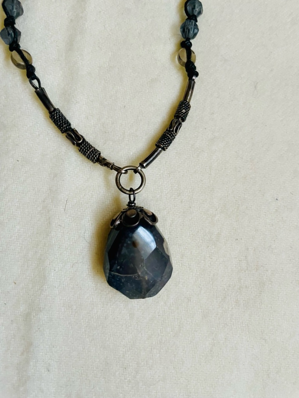 CosmicEarthCrystals Victorian Style Beaded Necklace | Black Onyx Teardrop